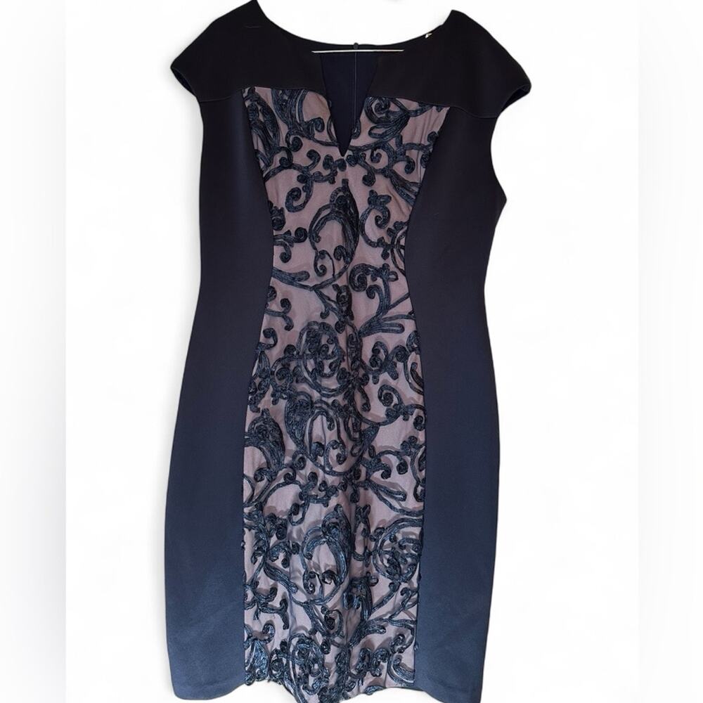 Connected Apparel Navy Embroidered Sheath Dress – Women’s 14 Illusion Panel